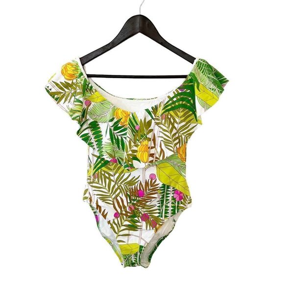 Trina Turk Green Fern Pattern Ruffle Shoulder One Piece Bathing Suit. - Picture 2 of 9